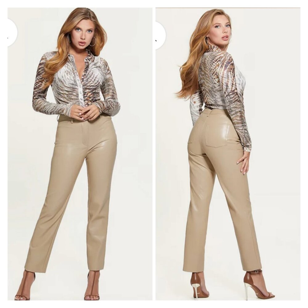 Guess Kelly Faux- Leather Straight- Leg Taupe Pants